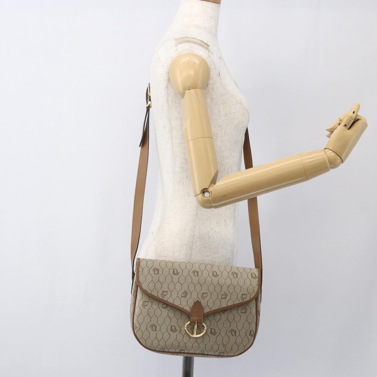 Christian Dior Honeycomb Canvas Shoulder Bag Beige Gold Auth 164839