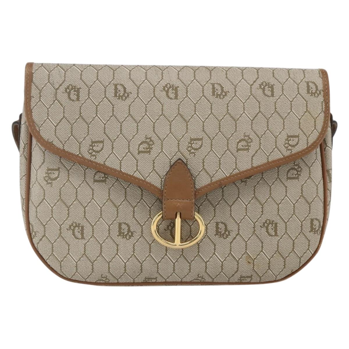 Christian Dior Honeycomb Canvas Shoulder Bag Beige Gold Auth 164839