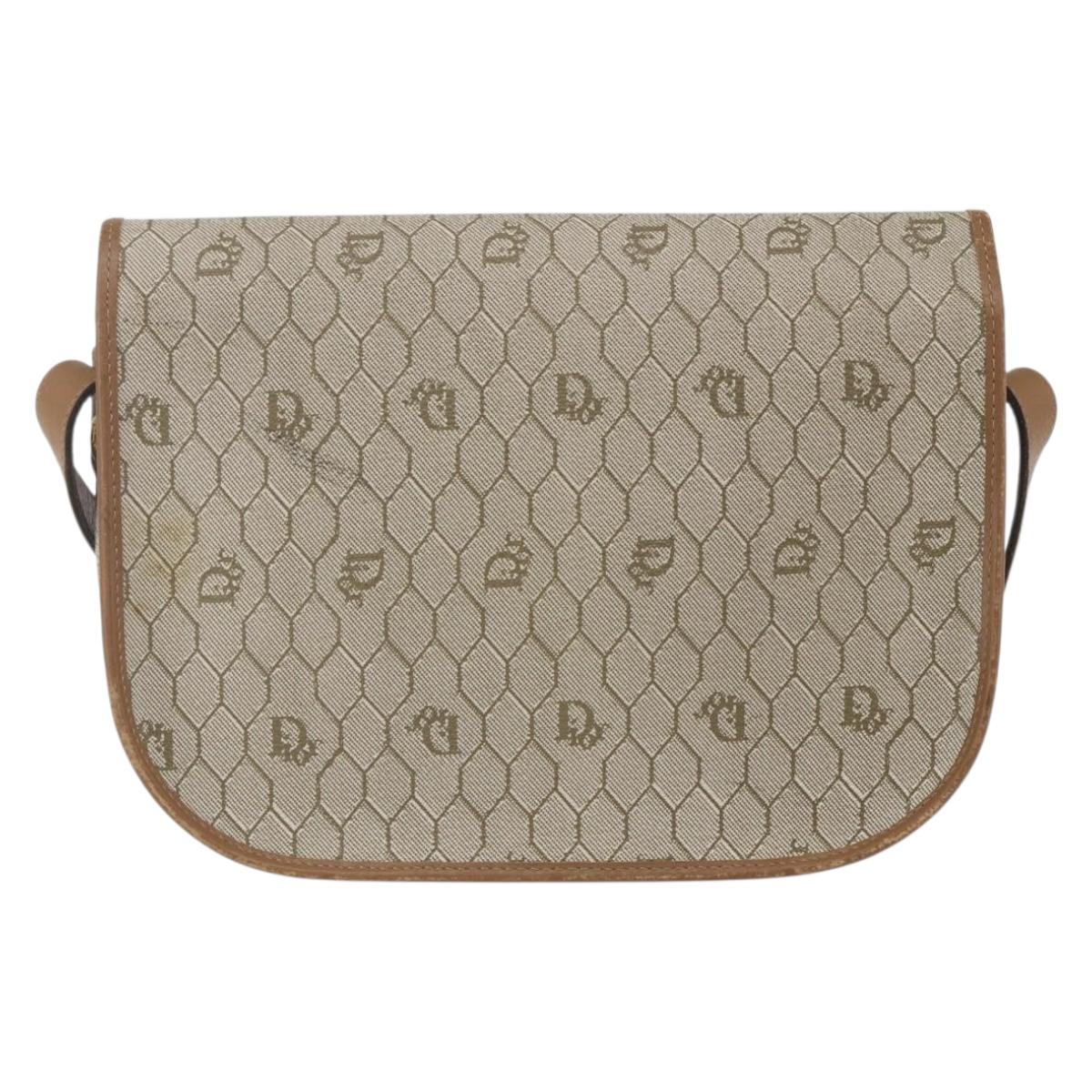 Christian Dior Honeycomb Canvas Shoulder Bag Beige Gold Auth 164839