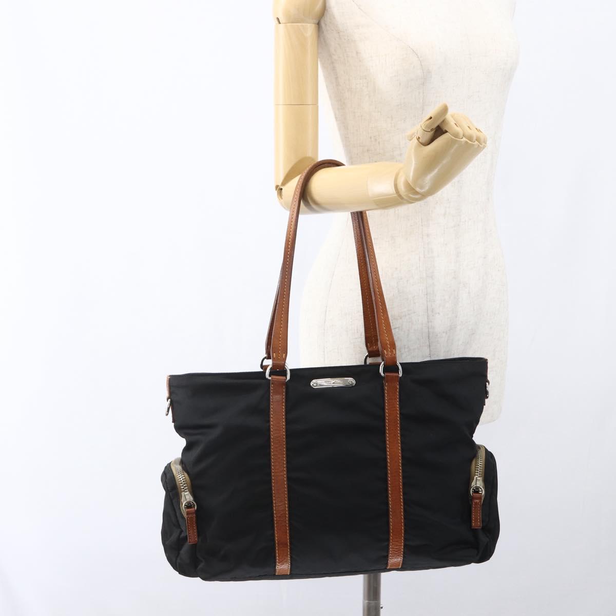 Miu Miu Tote Bag Nylon Leather Black Brown Silver Auth 164862