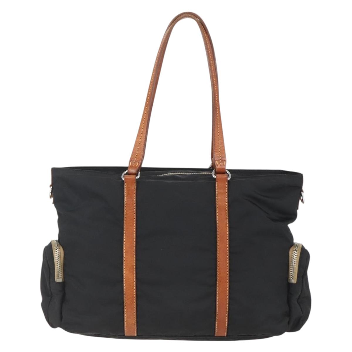 Miu Miu Tote Bag Nylon Leather Black Brown Silver Auth 164862