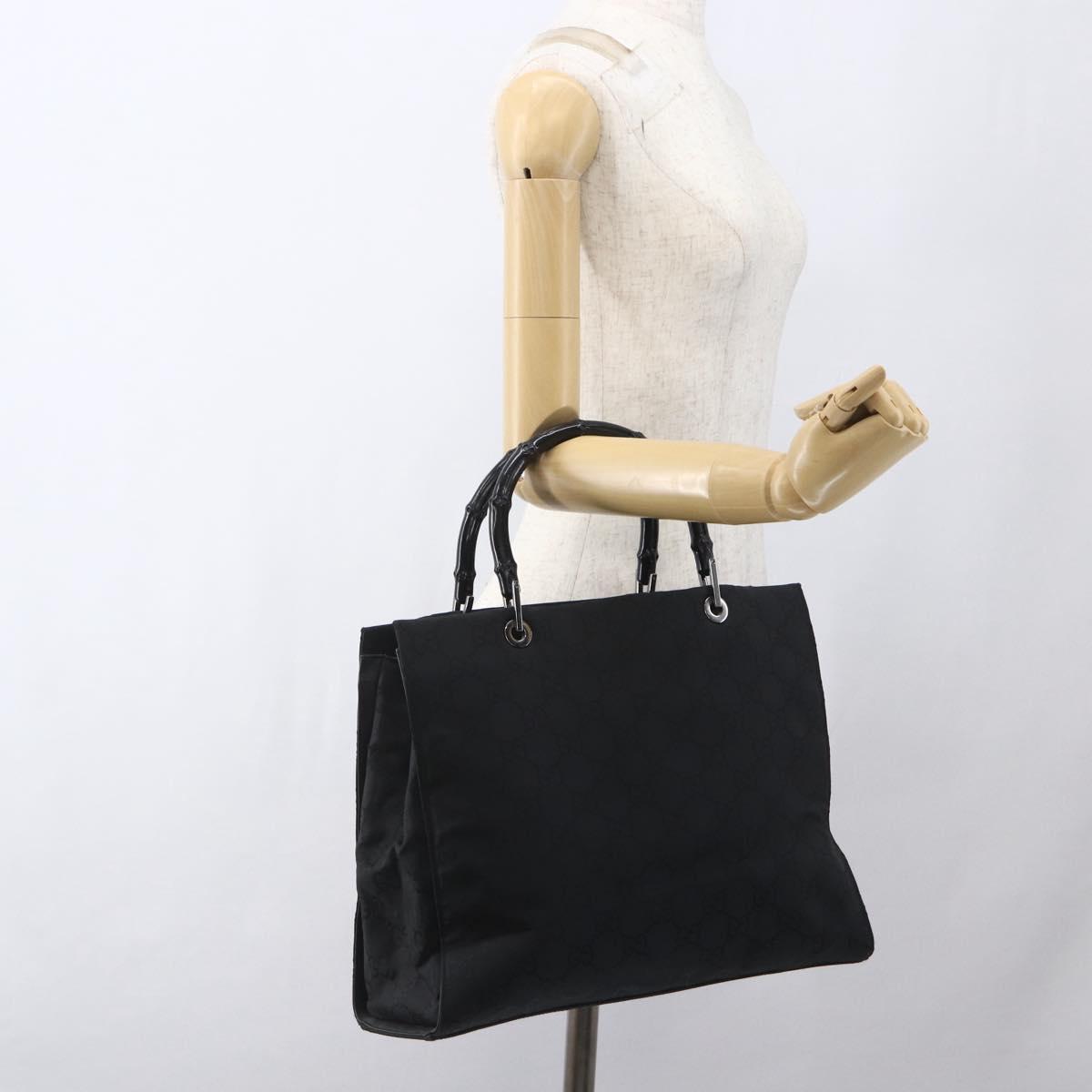 GUCCI GG Canvas Bamboo Hand Bag Nylon Black Silver 002 1010 Auth 164874