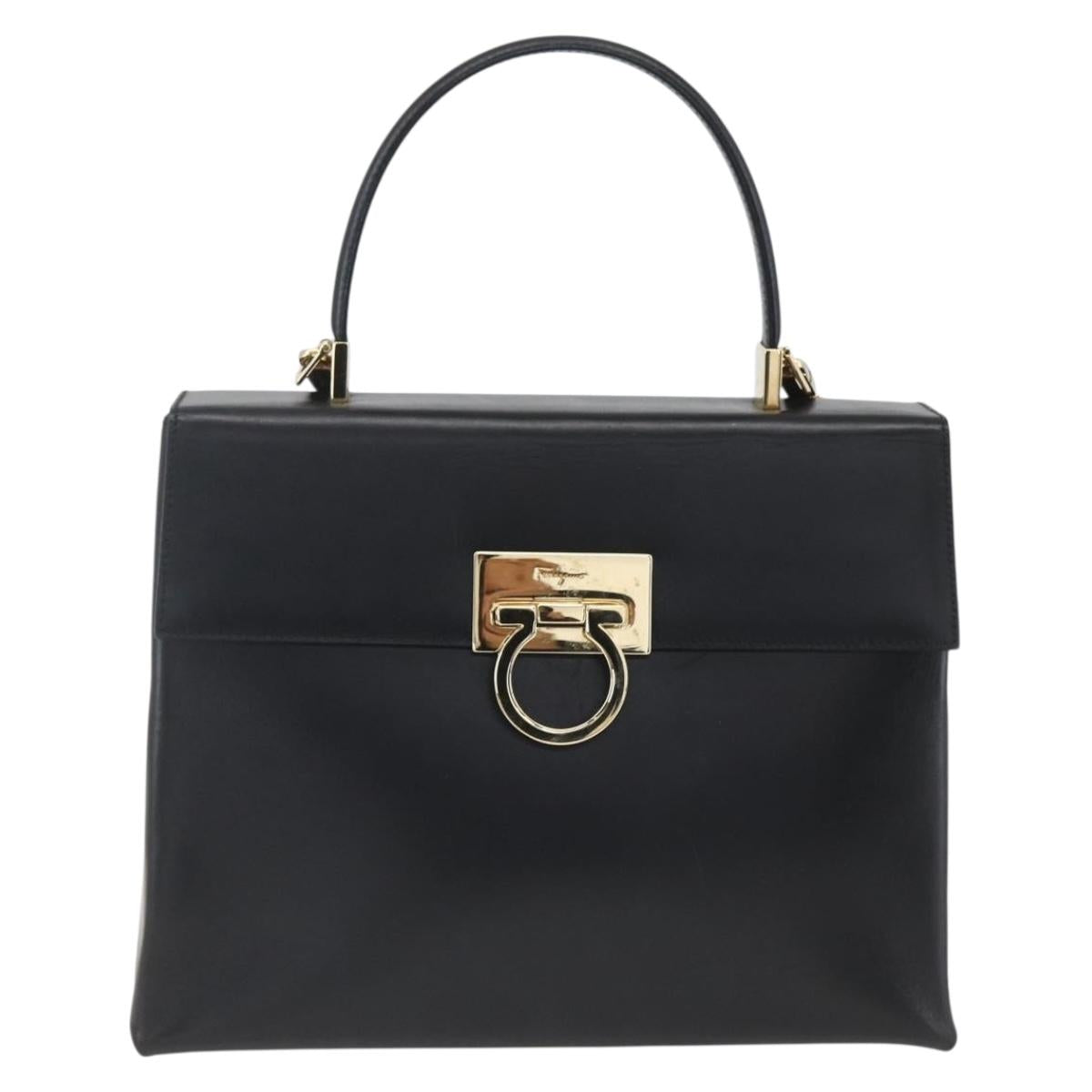 Salvatore Ferragamo Gancini Hand Bag Leather 2way Black Gold Auth 164875V