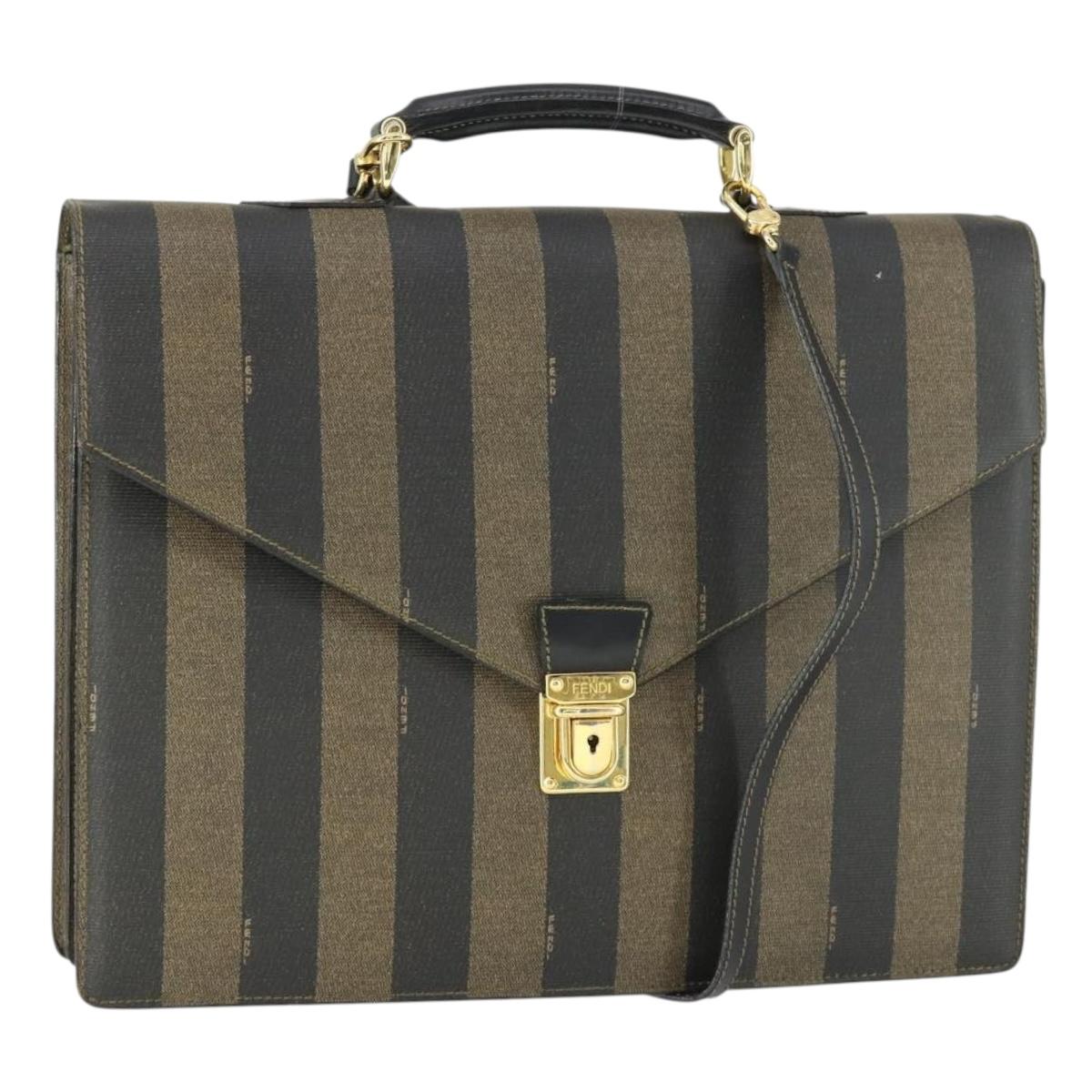 FENDI Pecan Canvas Business Bag PVC 2way Brown Black gold Auth 164882
