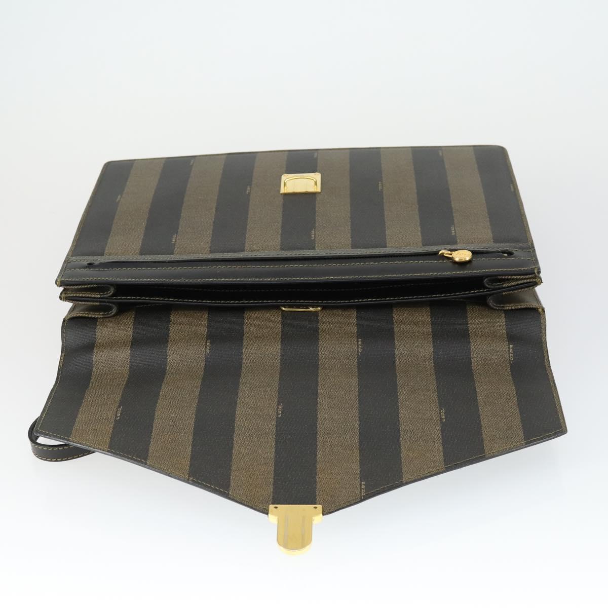 FENDI Pecan Canvas Business Bag PVC 2way Brown Black gold Auth 164882