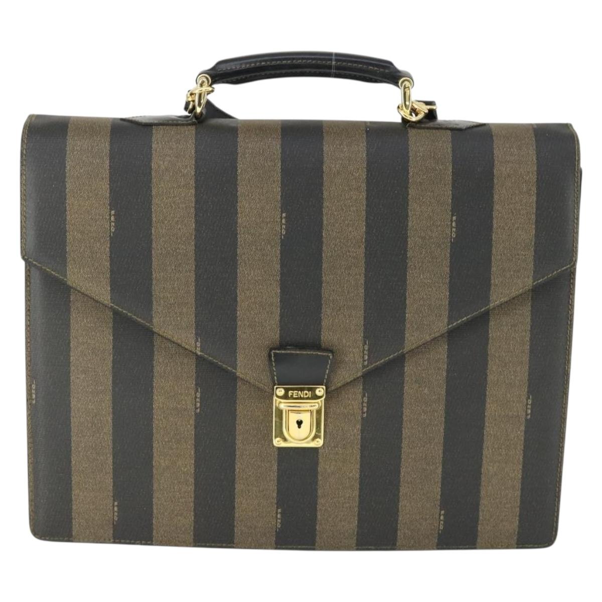 FENDI Pecan Canvas Business Bag PVC 2way Brown Black gold Auth 164882