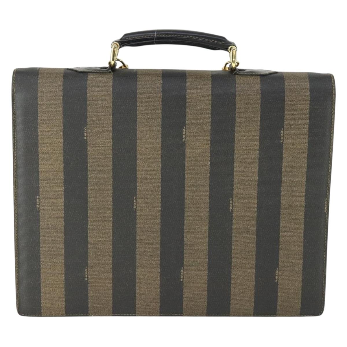 FENDI Pecan Canvas Business Bag PVC 2way Brown Black gold Auth 164882