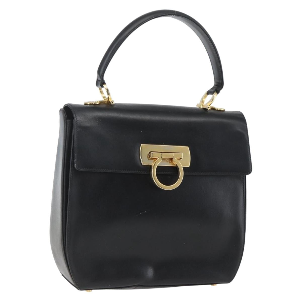 Salvatore Ferragamo Gancini Hand Bag Leather Black Gold Auth 164903