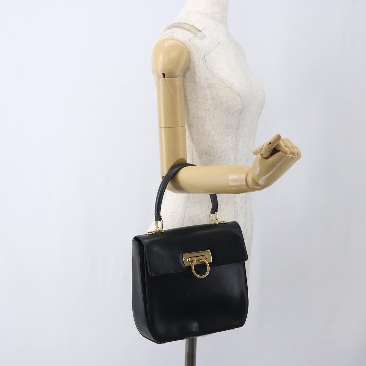 Salvatore Ferragamo Gancini Hand Bag Leather Black Gold Auth 164903
