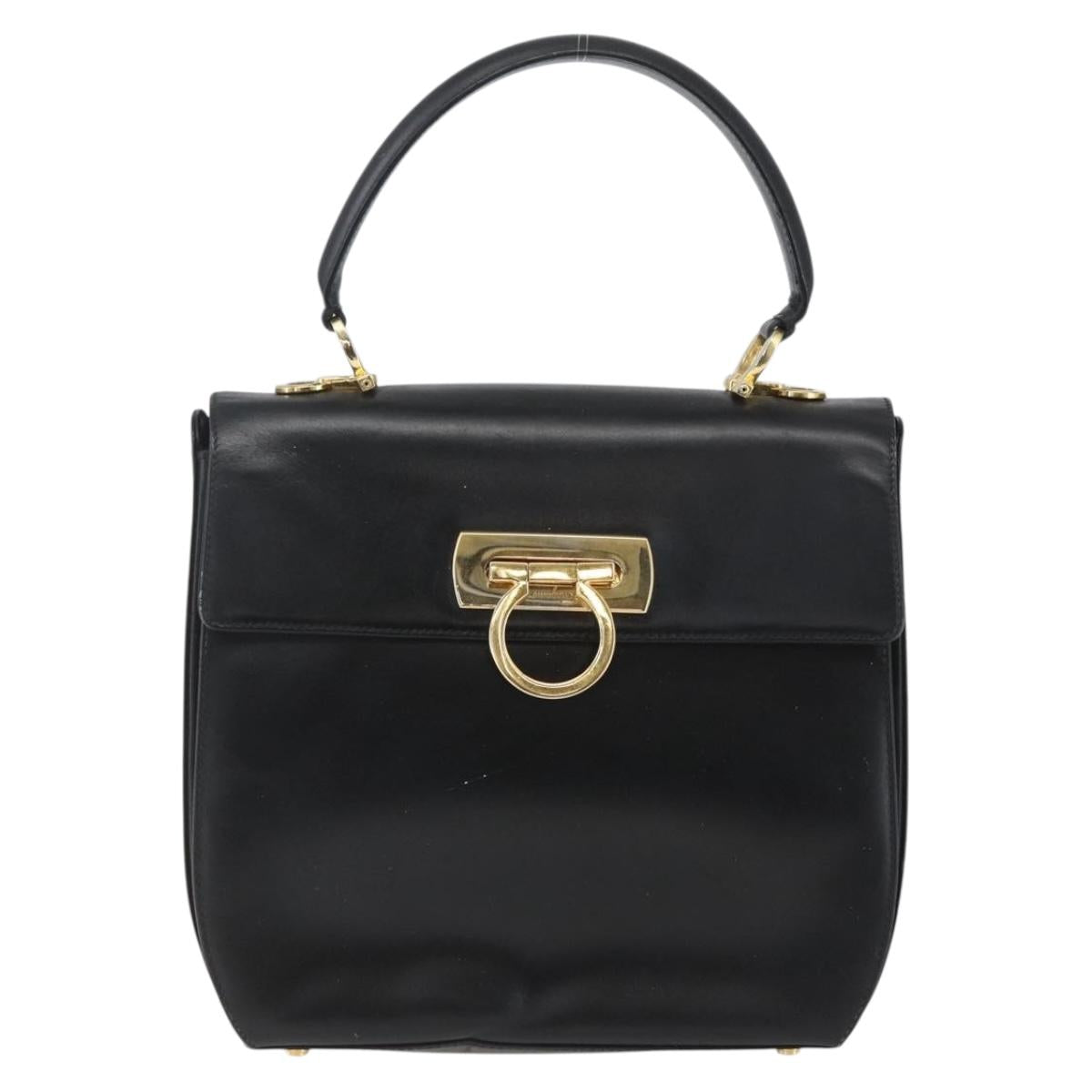 Salvatore Ferragamo Gancini Hand Bag Leather Black Gold Auth 164903
