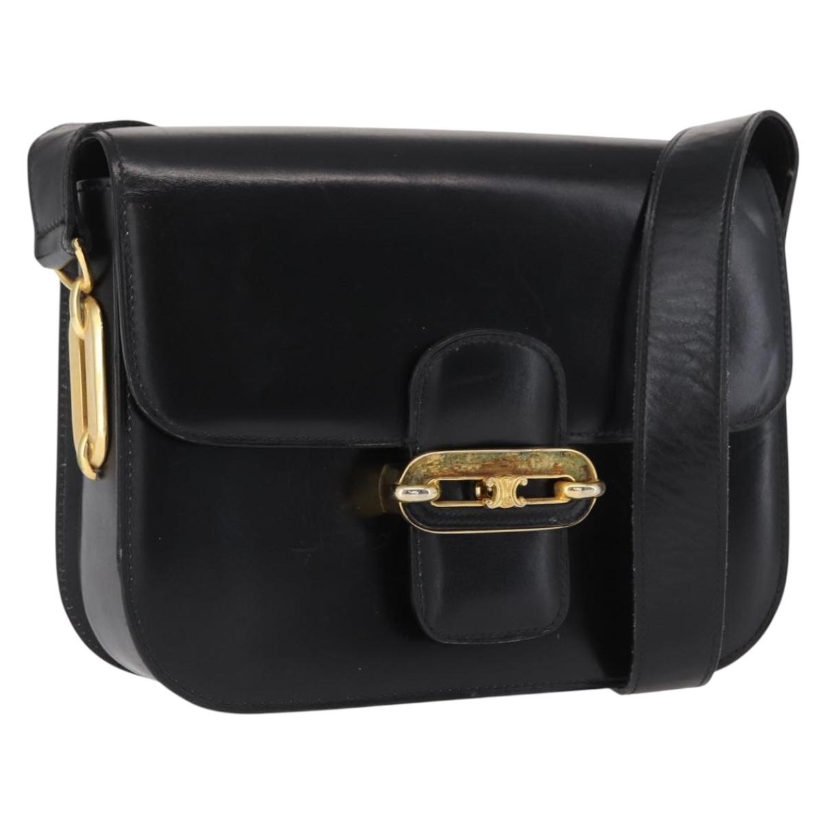 CELINE Shoulder Bag Leather Black Gold Auth 164937