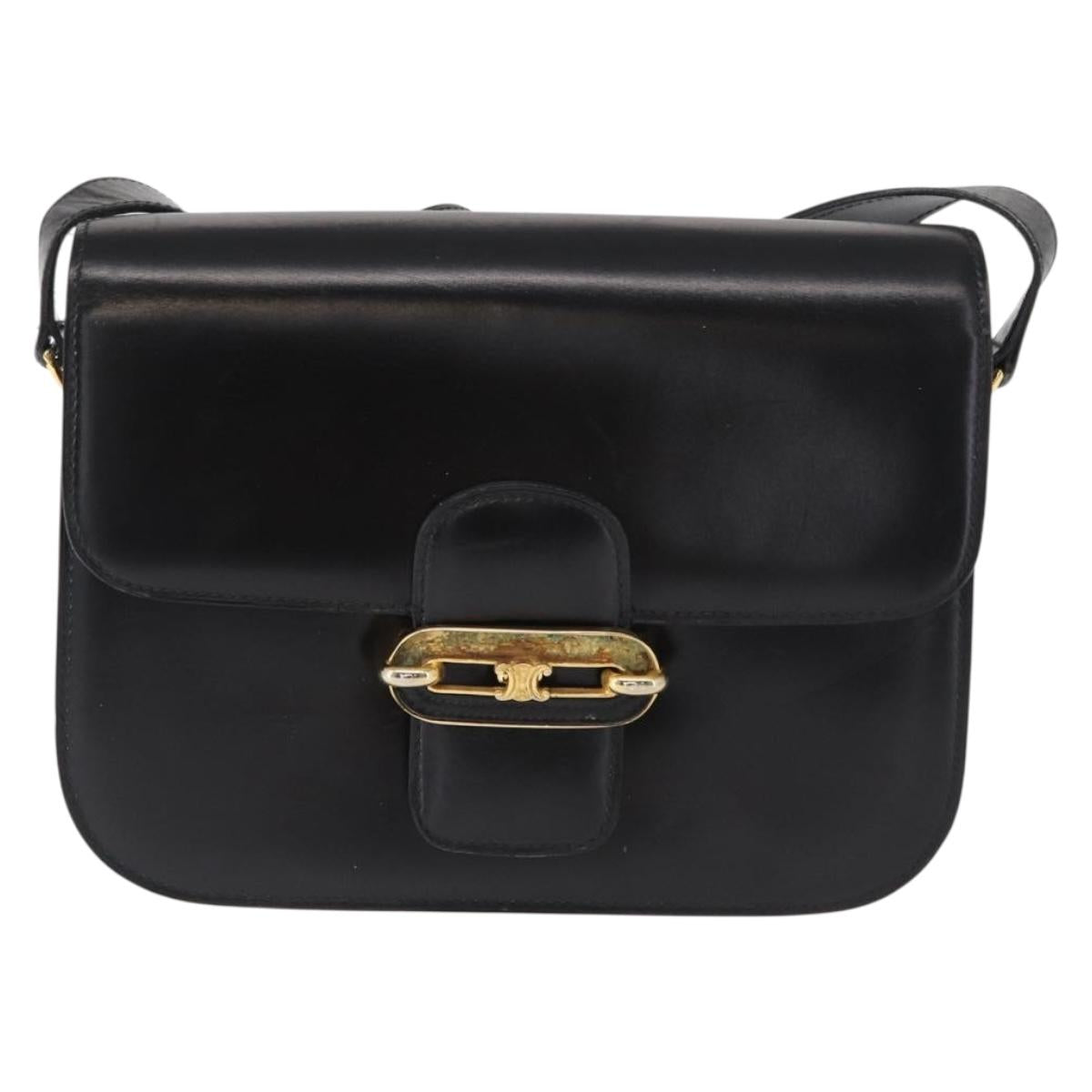 CELINE Shoulder Bag Leather Black Gold Auth 164937