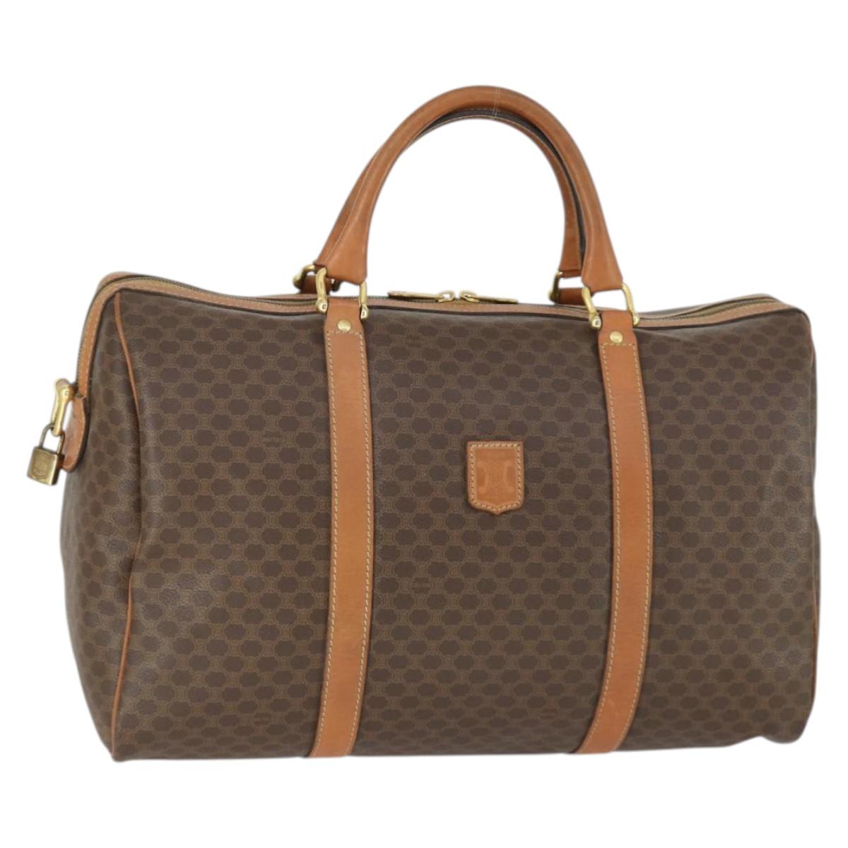 CELINE Macadam Canvas Boston Bag PVC Leather Brown Gold Auth 164941