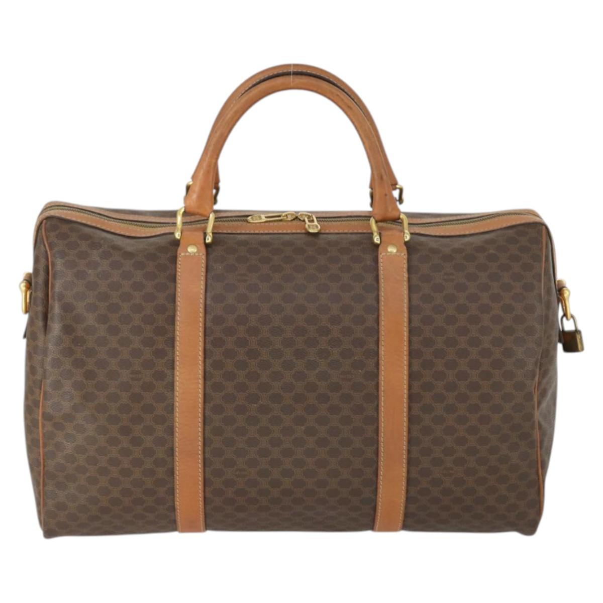 CELINE Macadam Canvas Boston Bag PVC Leather Brown Gold Auth 164941