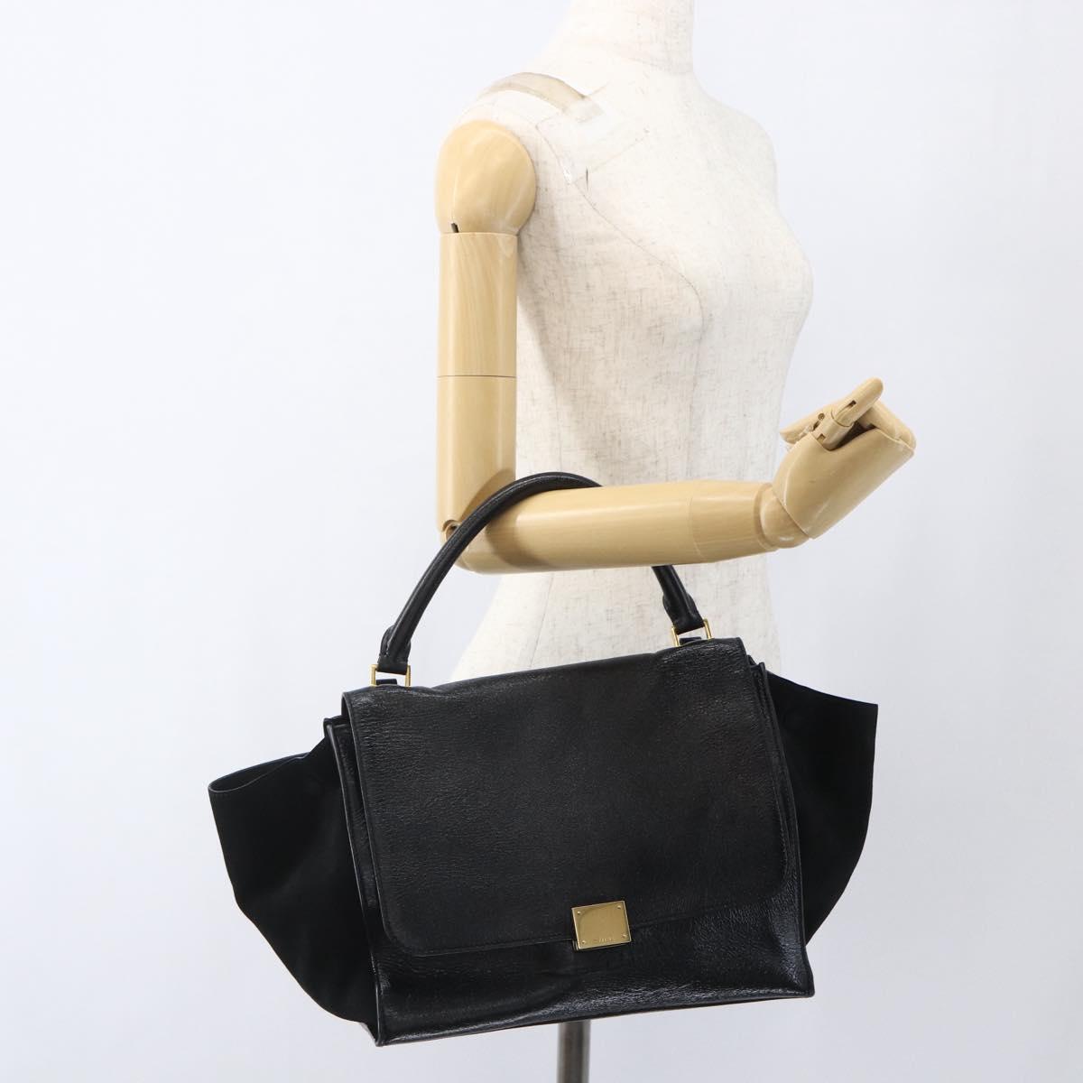 CELINE Trapeze Hand Bag Leather Suede Black Gold Auth 164944