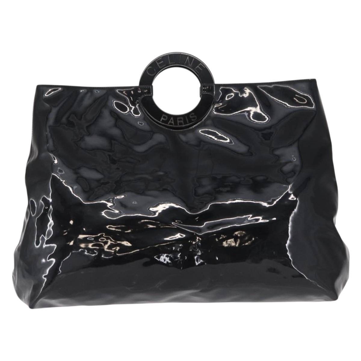 CELINE Circle Hand Bag Patent leather Black Silver Auth 164952
