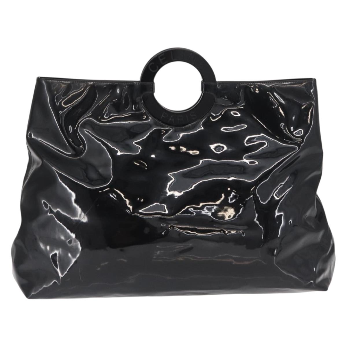 CELINE Circle Hand Bag Patent leather Black Silver Auth 164952