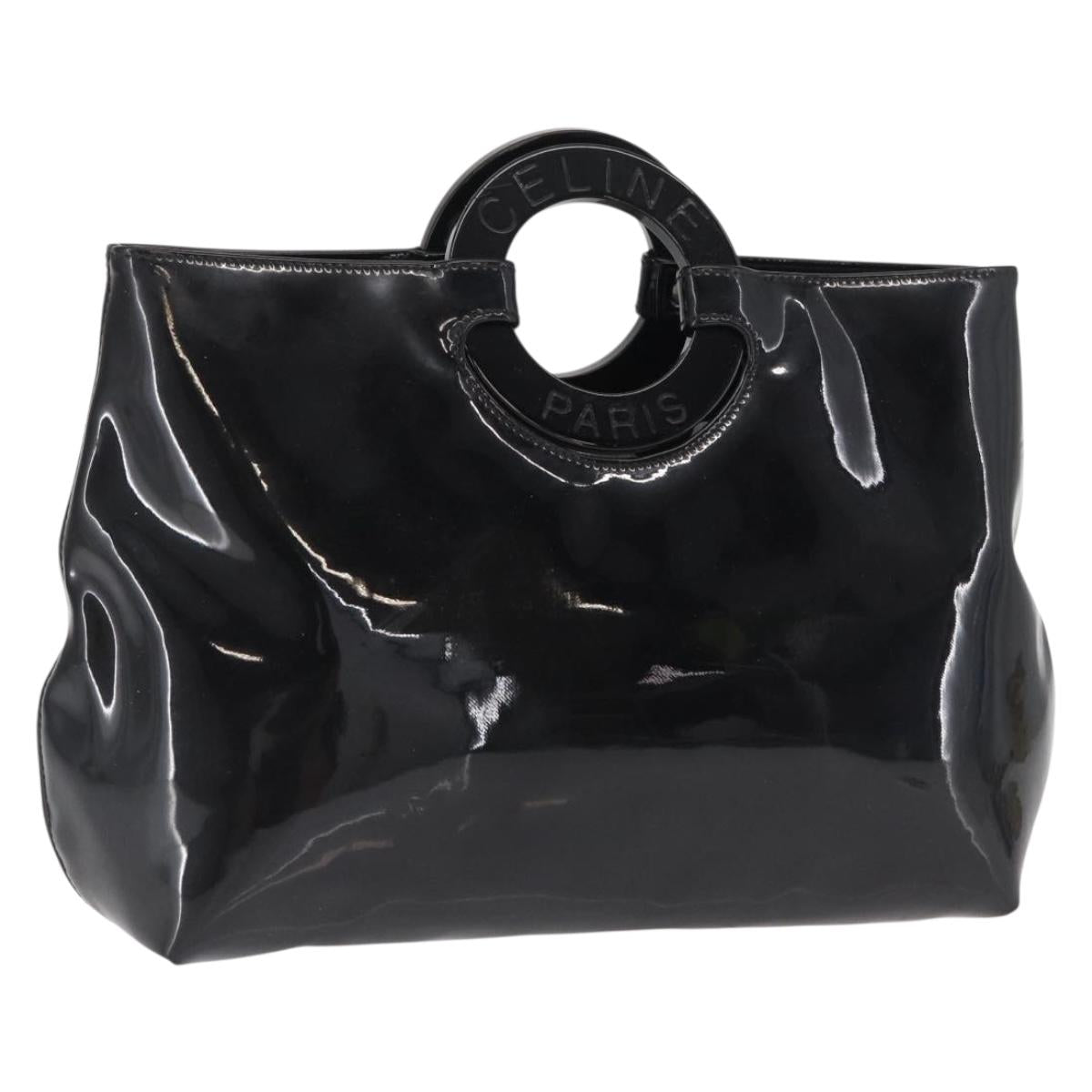 CELINE Circle Hand Bag Patent leather Black Silver Auth 164954