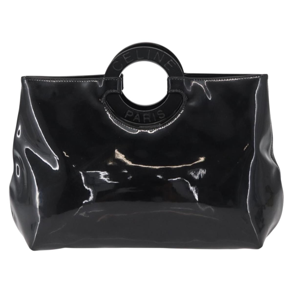 CELINE Circle Hand Bag Patent leather Black Silver Auth 164954