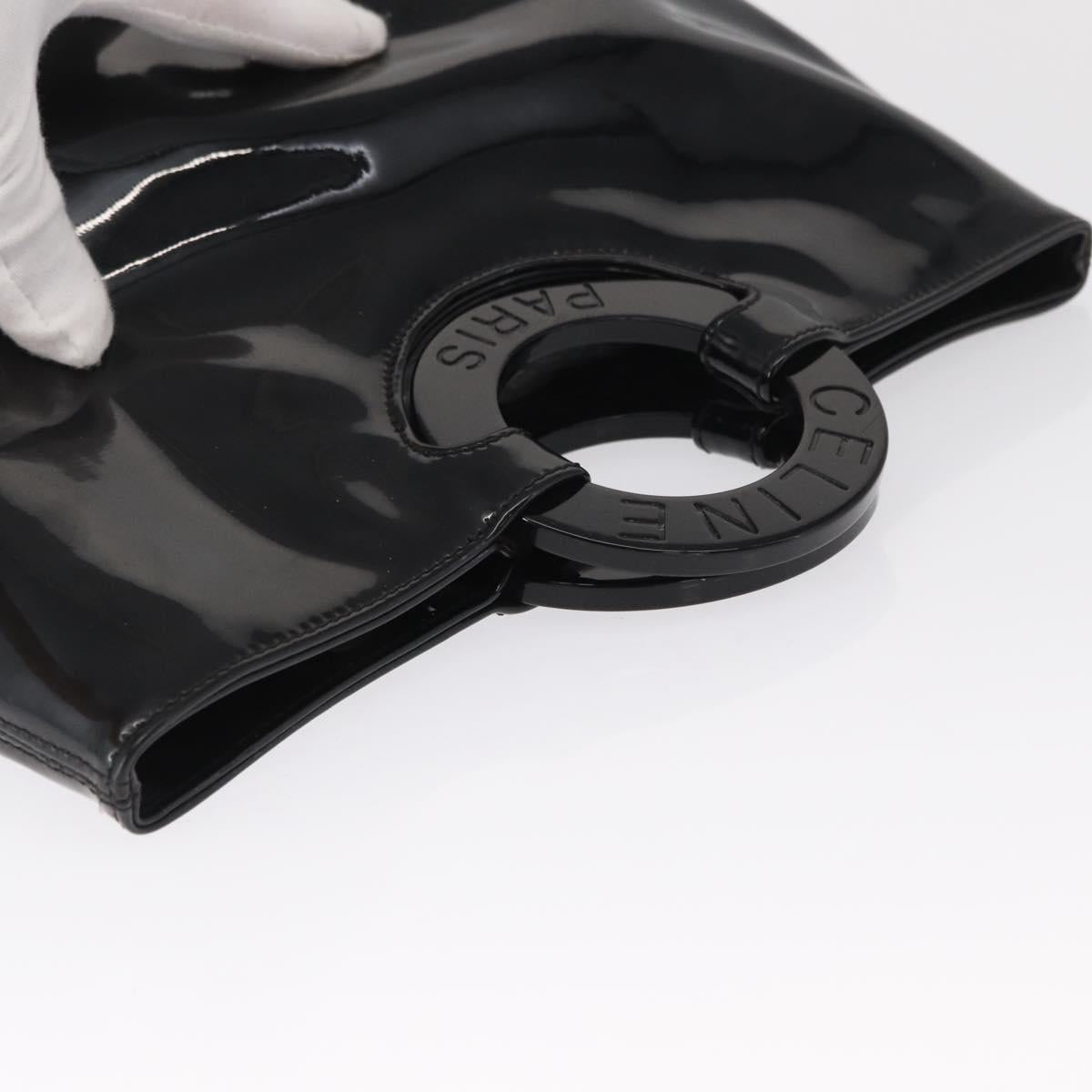 CELINE Circle Hand Bag Patent leather Black Silver Auth 164954