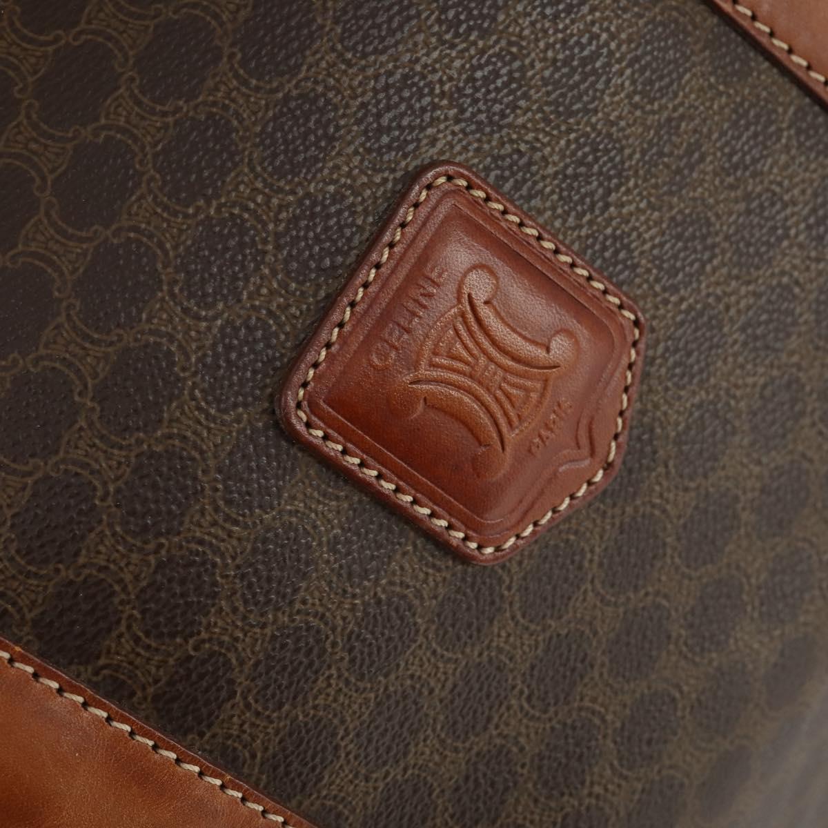 CELINE Macadam Canvas Boston Bag PVC Leather Brown Gold Auth 164958