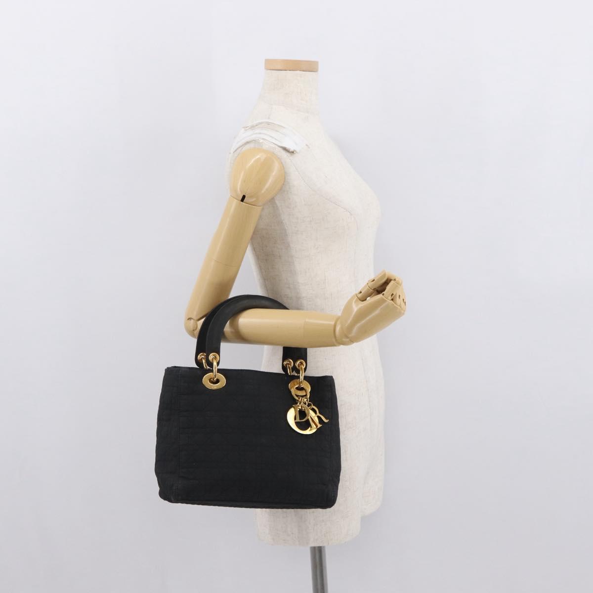 Christian Dior Lady Dior Canage Hand Bag Nylon Black Gold Auth 164998