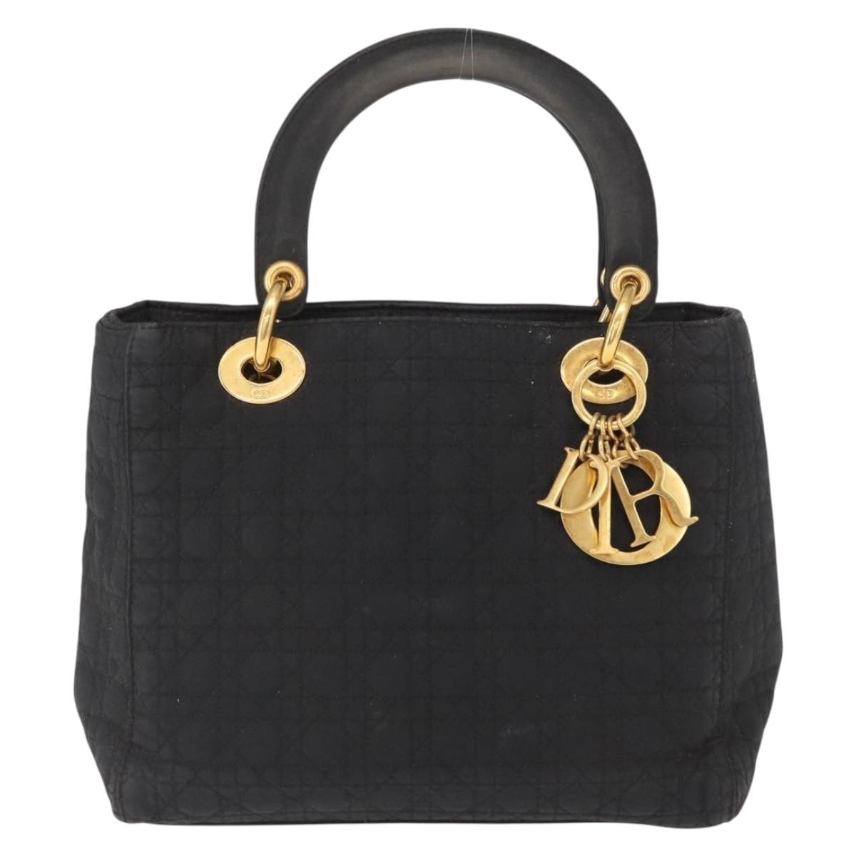 Christian Dior Lady Dior Canage Hand Bag Nylon Black Gold Auth 164998