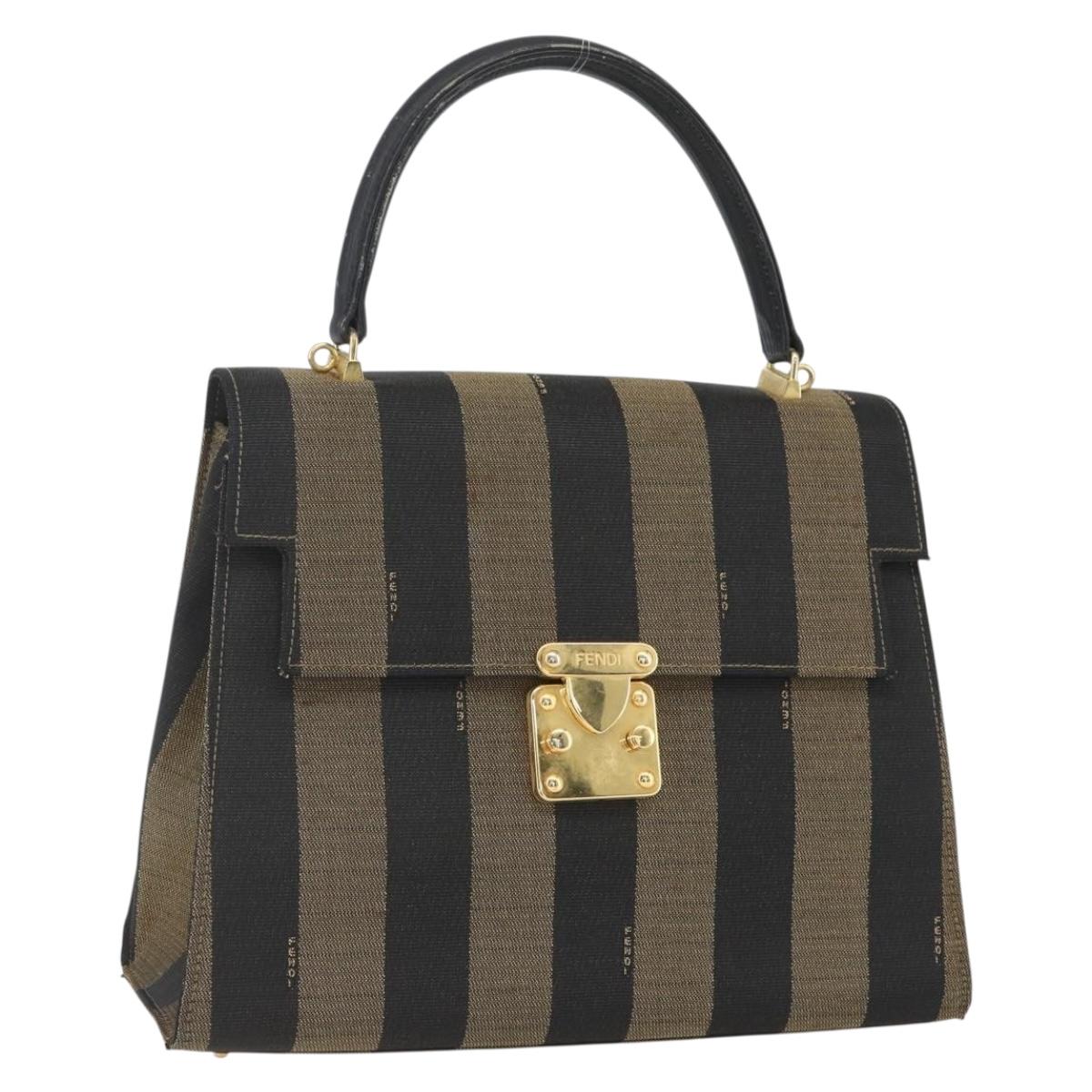FENDI Pecan Canvas Hand Bag Black Brown gold Auth 165003