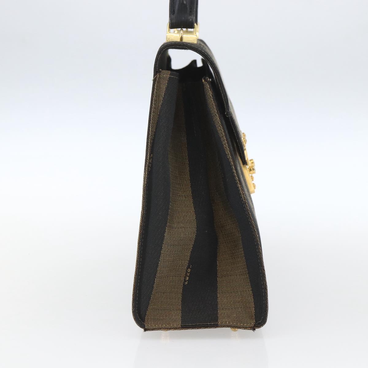 FENDI Pecan Canvas Hand Bag Black Brown gold Auth 165003