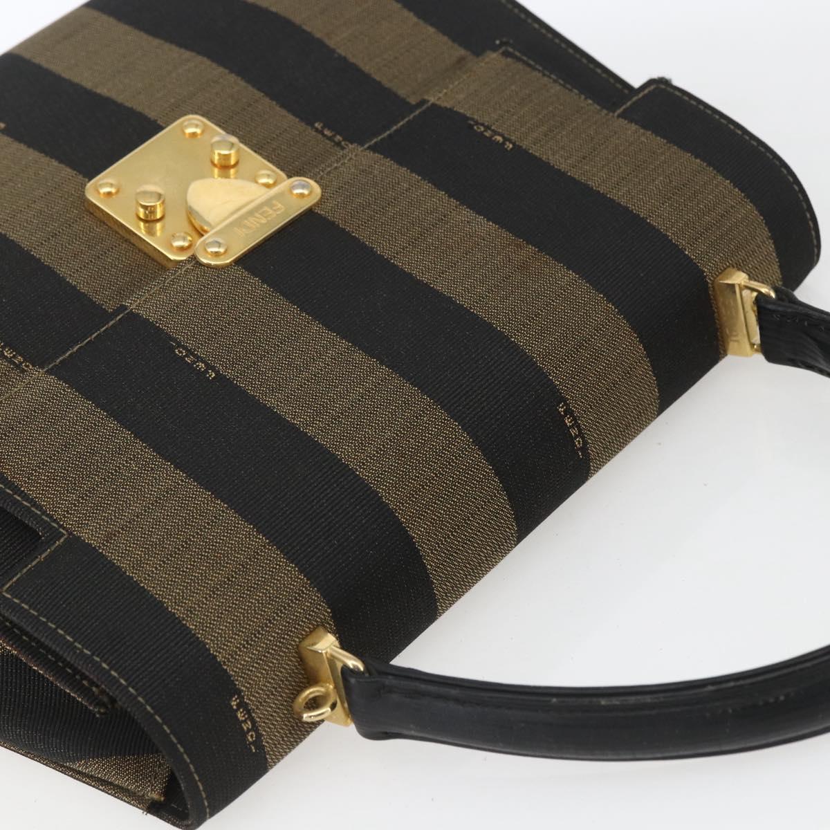 FENDI Pecan Canvas Hand Bag Black Brown gold Auth 165003
