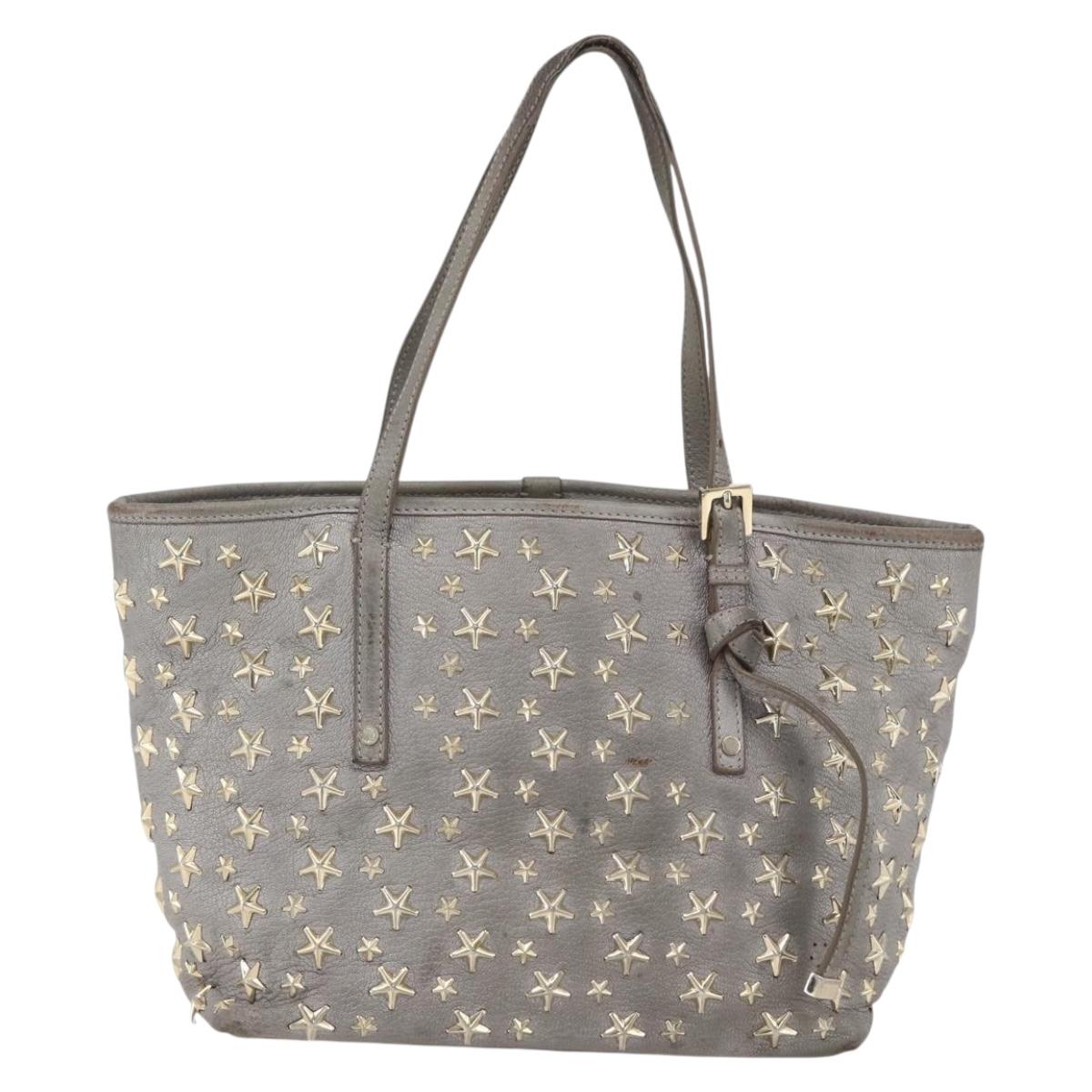 Jimmy Choo Studs Tote Bag Leather Gray Gold Auth 165008