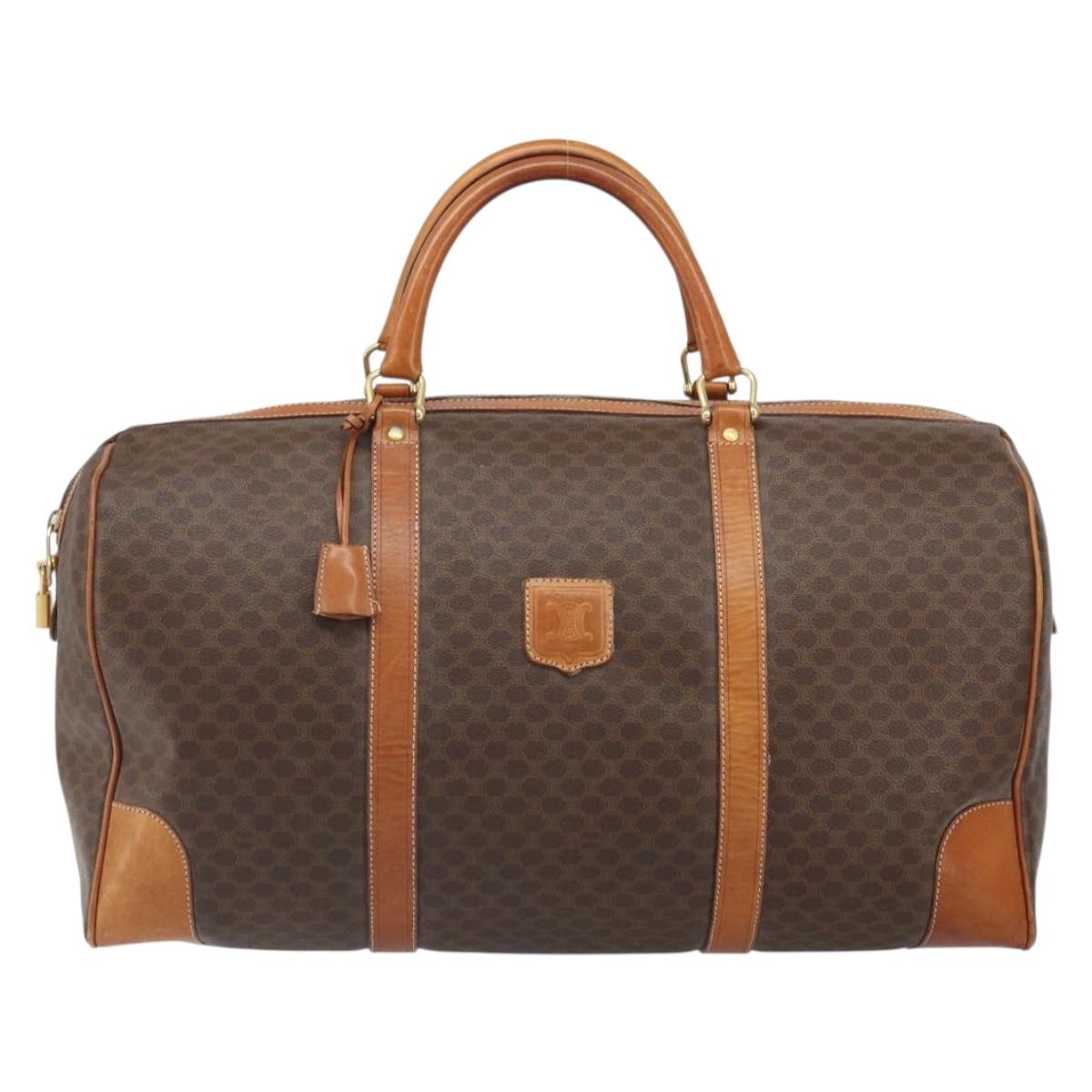 CELINE Macadam Canvas Boston Bag PVC Leather Brown Gold Auth 165011