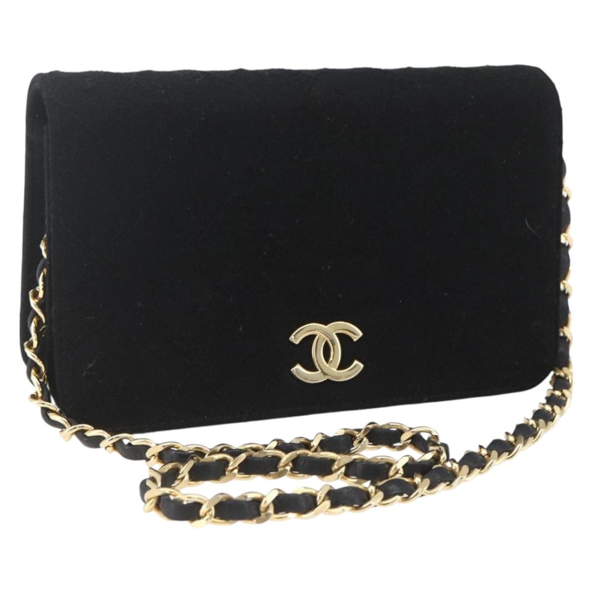 CHANEL Matelasse Chain Shoulder Bag cotton Black Gold CC Auth 165024