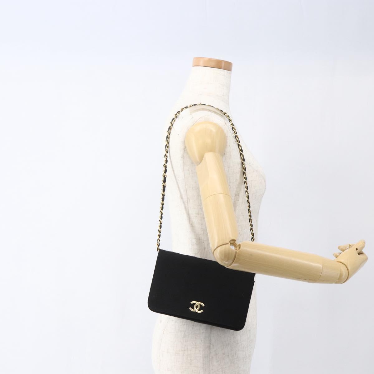 CHANEL Matelasse Chain Shoulder Bag cotton Black Gold CC Auth 165024
