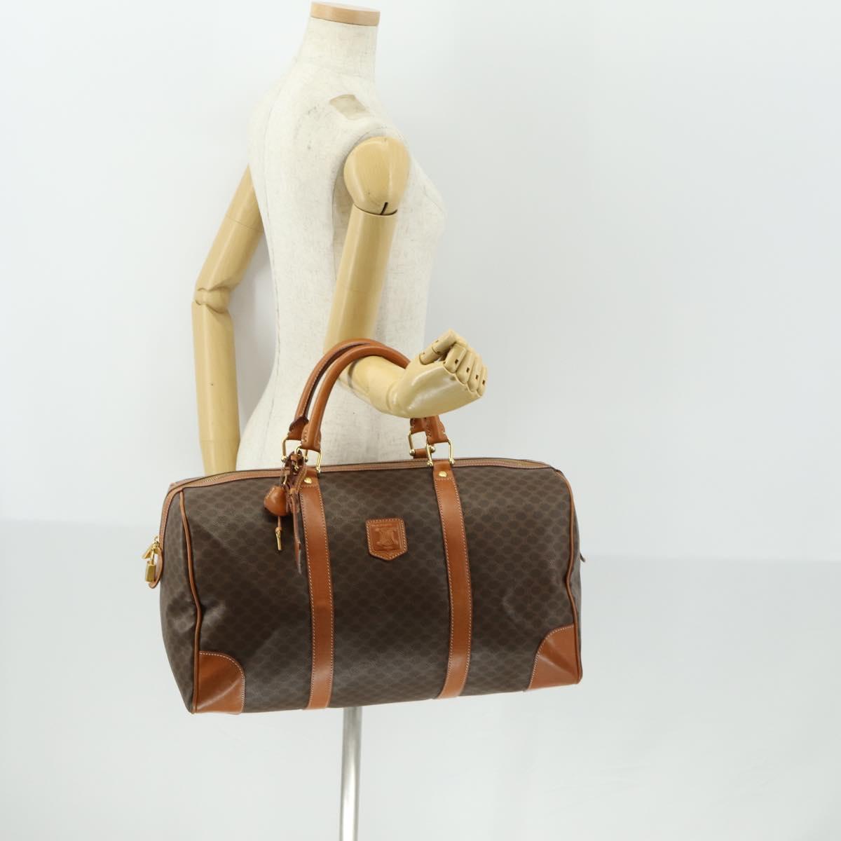 CELINE Macadam Canvas Boston Bag PVC Leather Brown Gold Auth 165025V