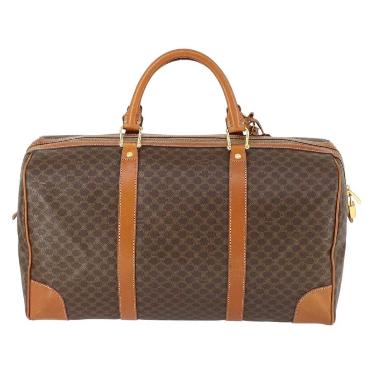 CELINE Macadam Canvas Boston Bag PVC Leather Brown Gold Auth 165025V