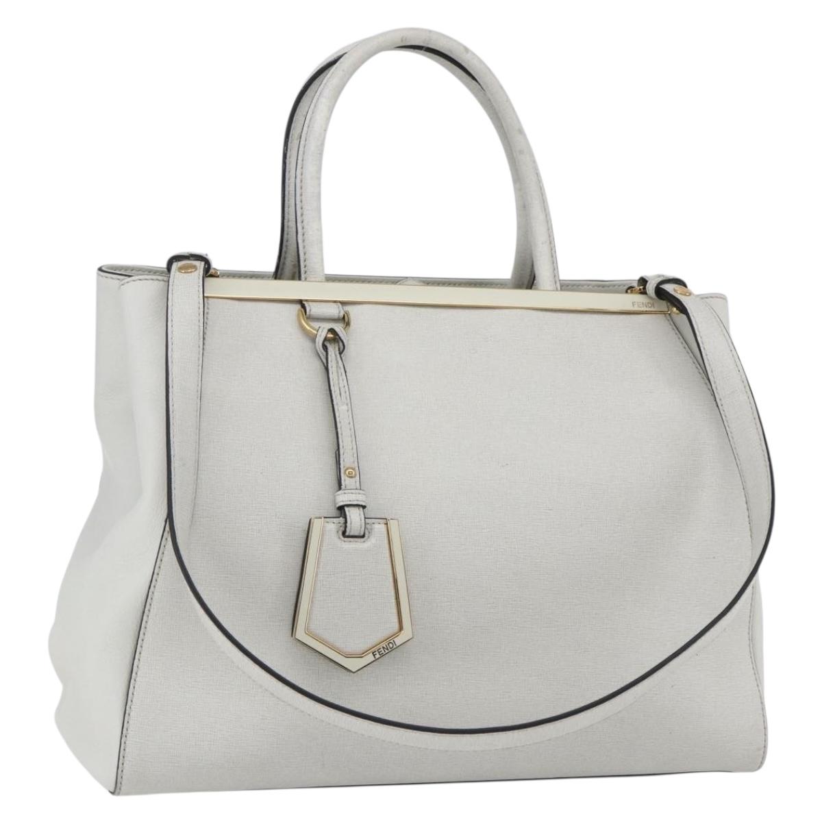 FENDI Hand Bag Leather 2way White Gold Auth 165027