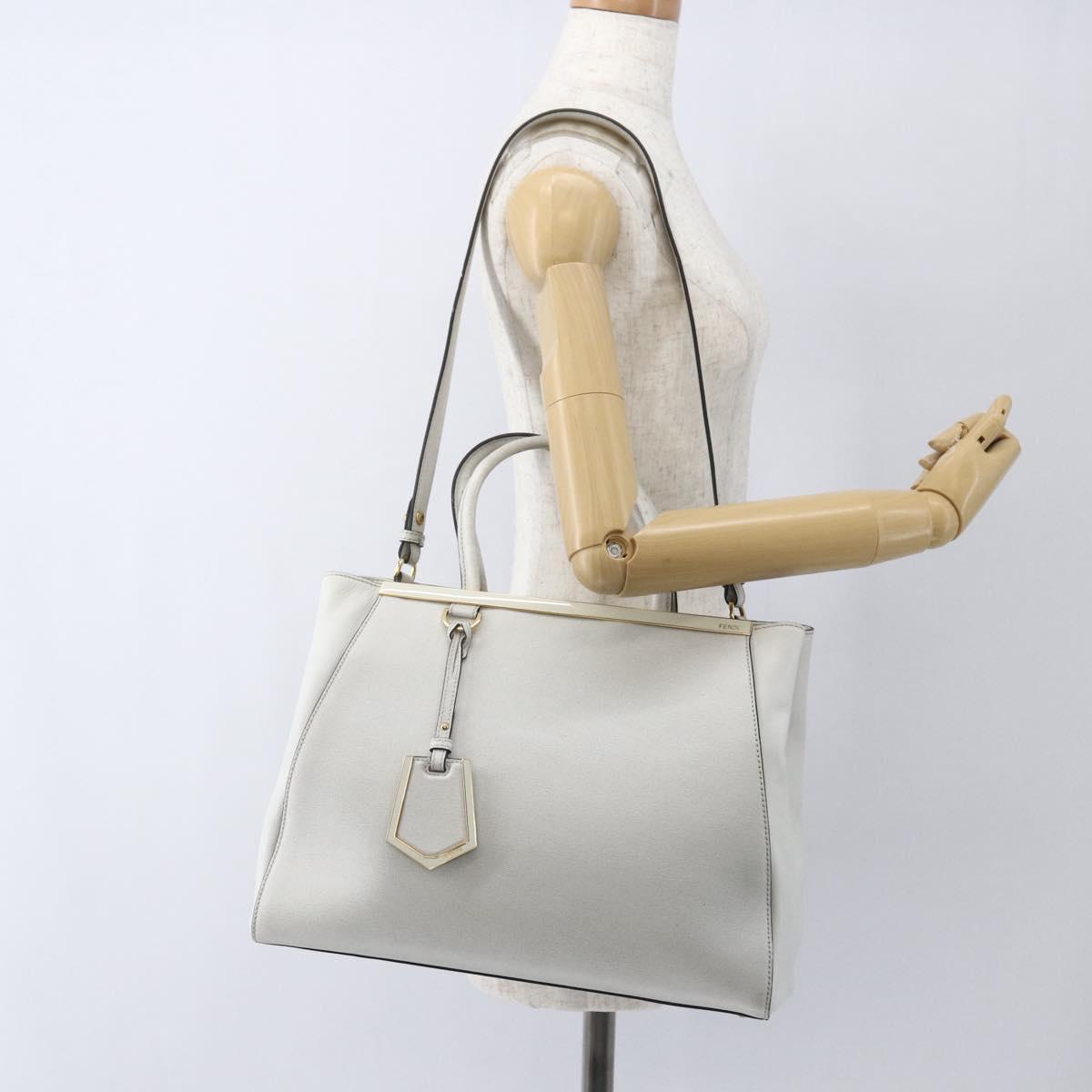 FENDI Hand Bag Leather 2way White Gold Auth 165027