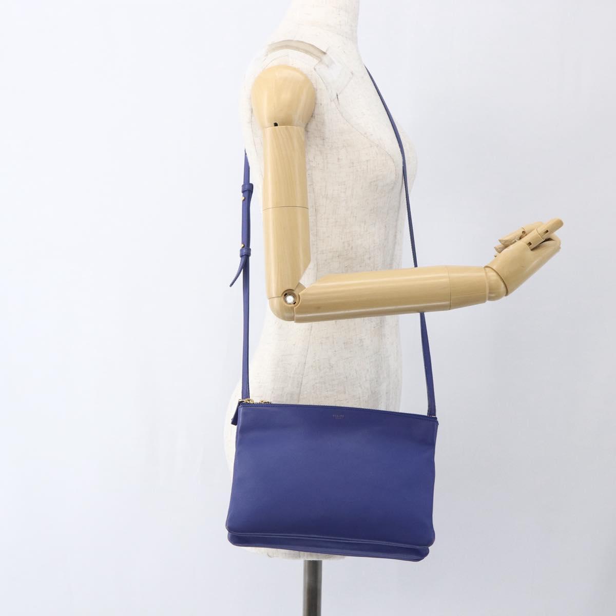 CELINE Trio Large Shoulder Bag Leather Blue Gold Auth 165038
