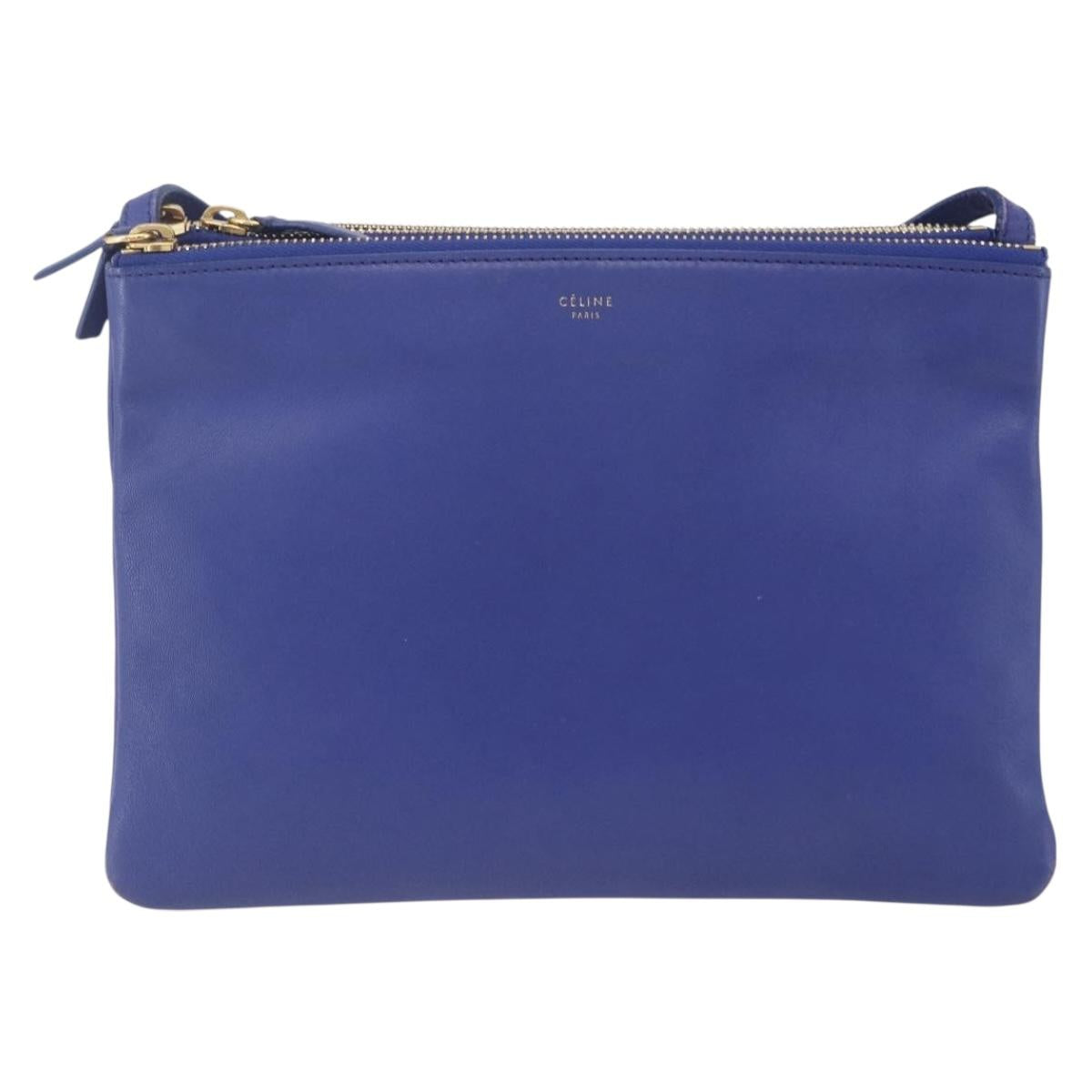 CELINE Trio Large Shoulder Bag Leather Blue Gold Auth 165038