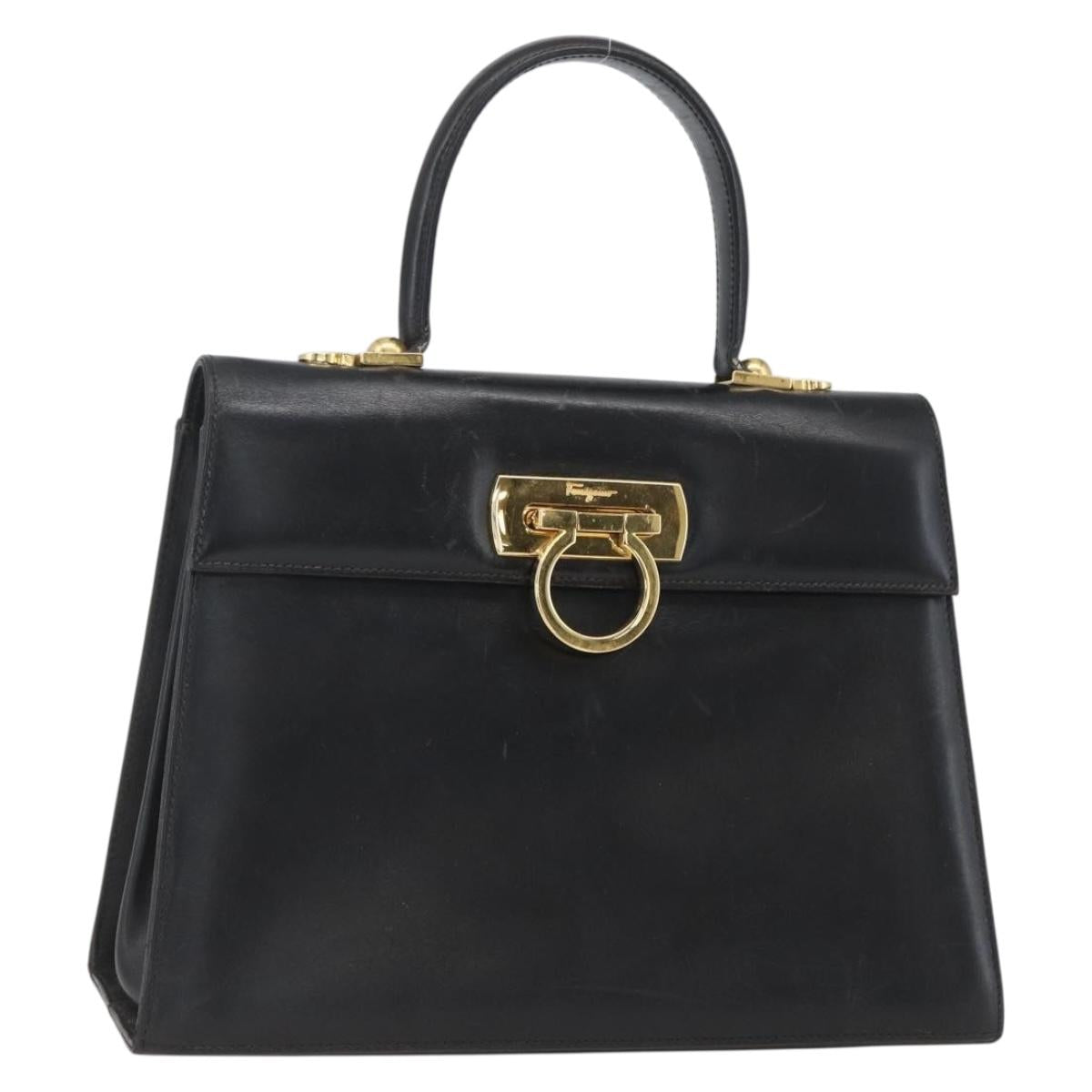 Salvatore Ferragamo Gancini Hand Bag Leather Black Gold Auth 165048