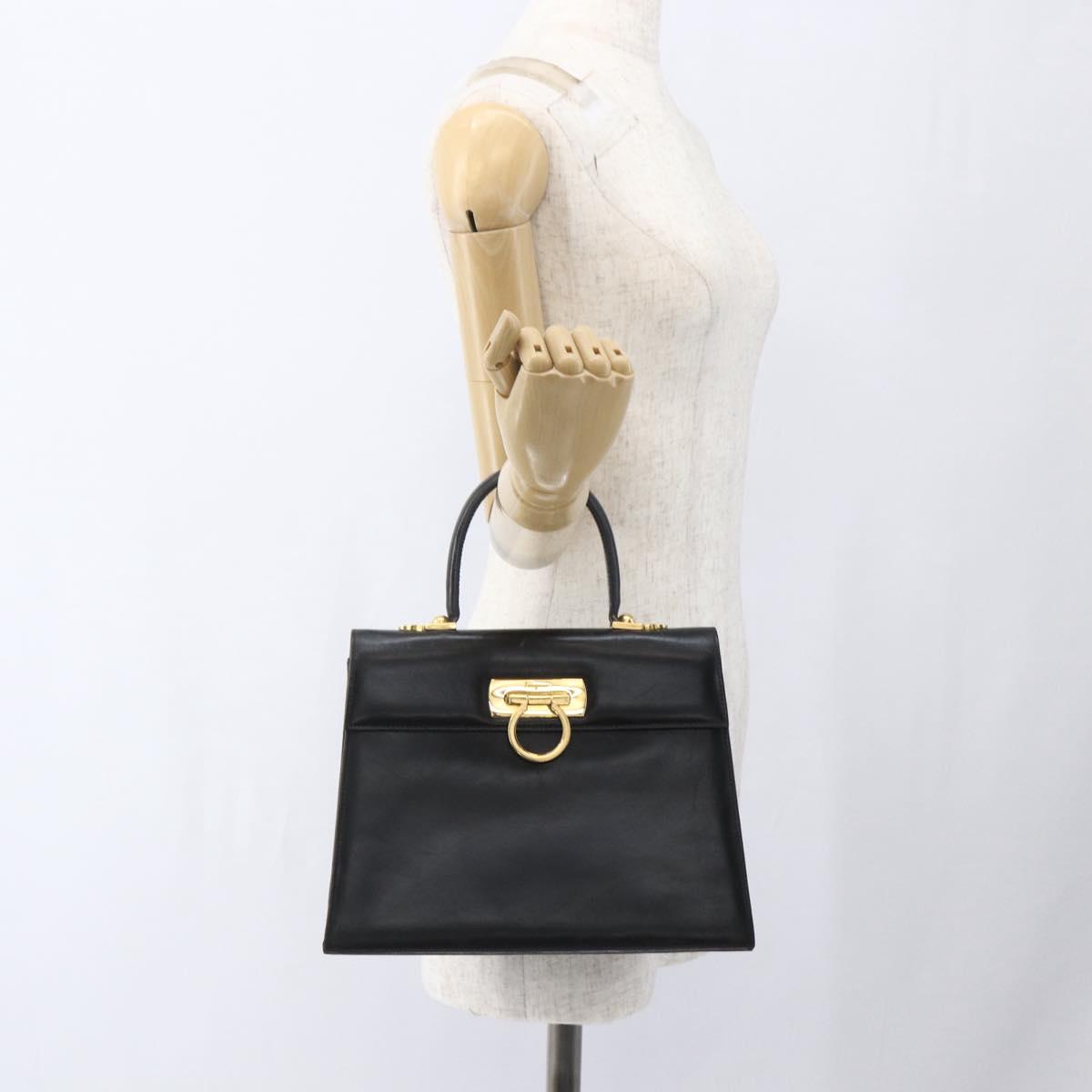 Salvatore Ferragamo Gancini Hand Bag Leather Black Gold Auth 165048