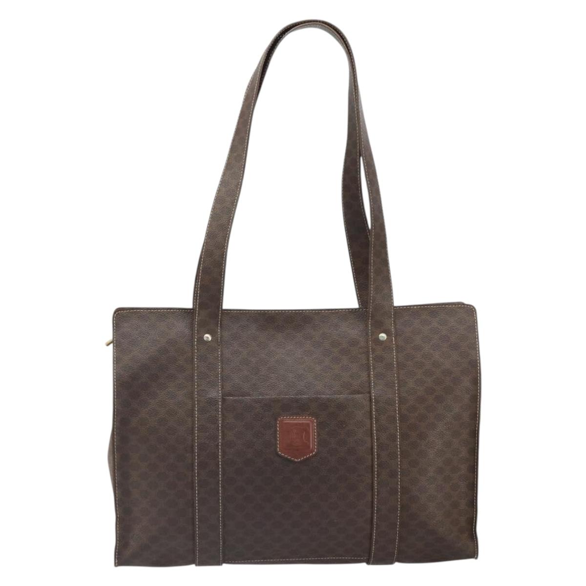 CELINE Macadam Canvas Tote Bag PVC Leather Brown Gold Auth 165060