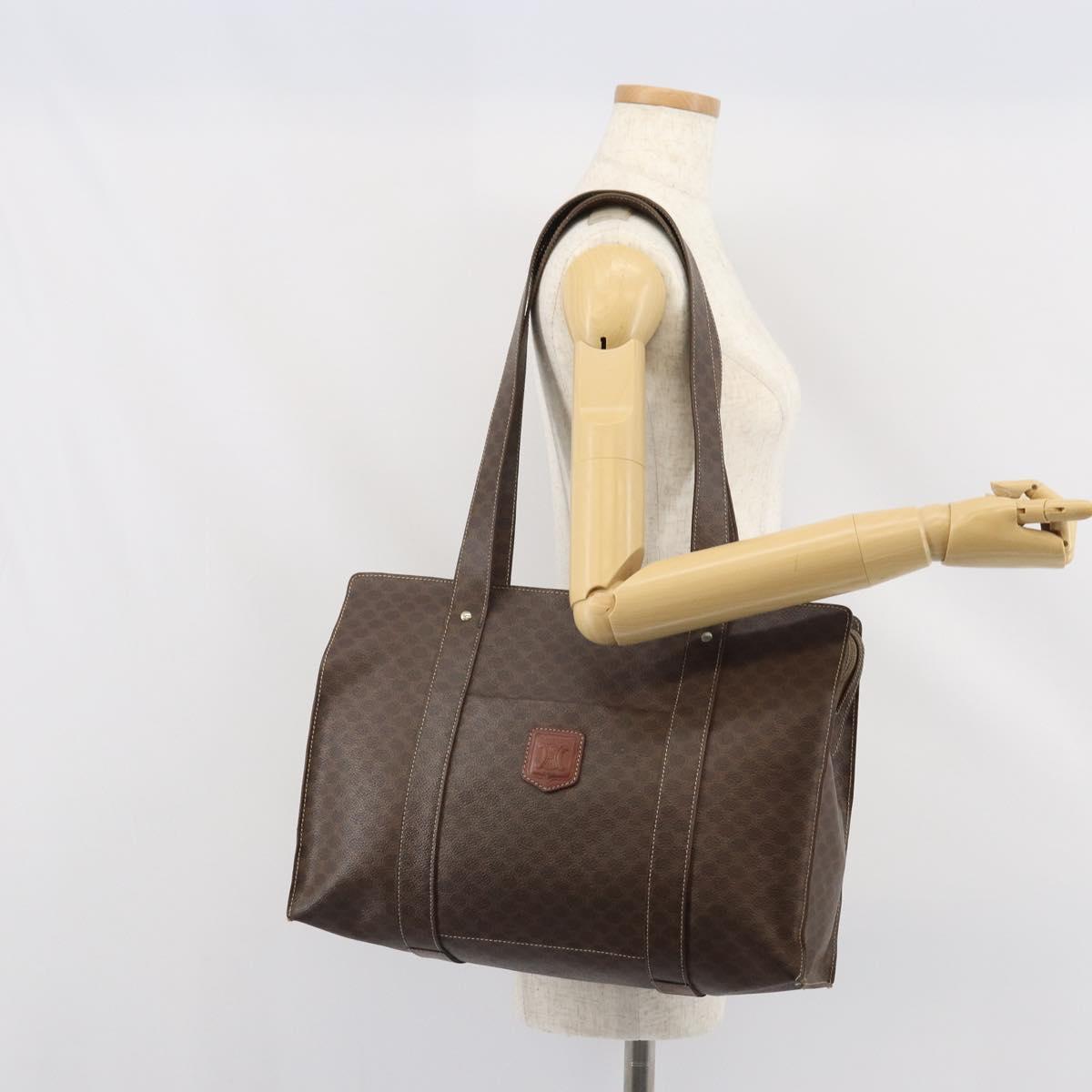 CELINE Macadam Canvas Tote Bag PVC Leather Brown Gold Auth 165060