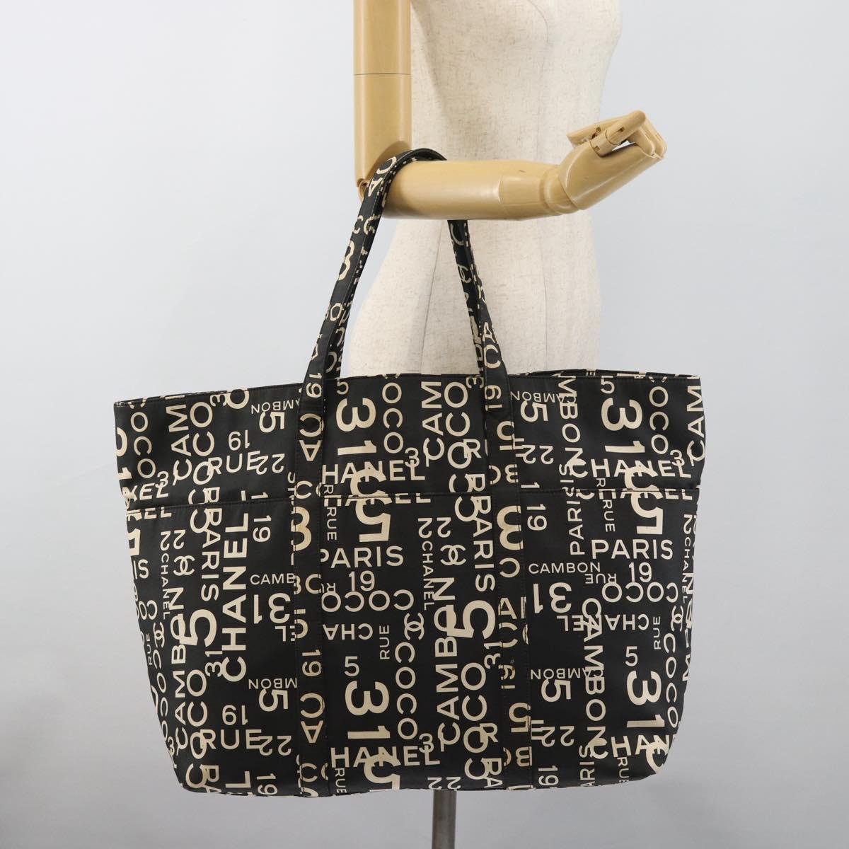 CHANEL By Sea Line Tote Bag Canvas Black Silver CC Auth 165062