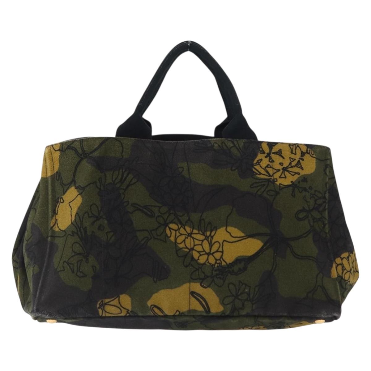 PRADA Camouflage Canapa GM Tote Bag Canvas Khaki Gold Auth 165063
