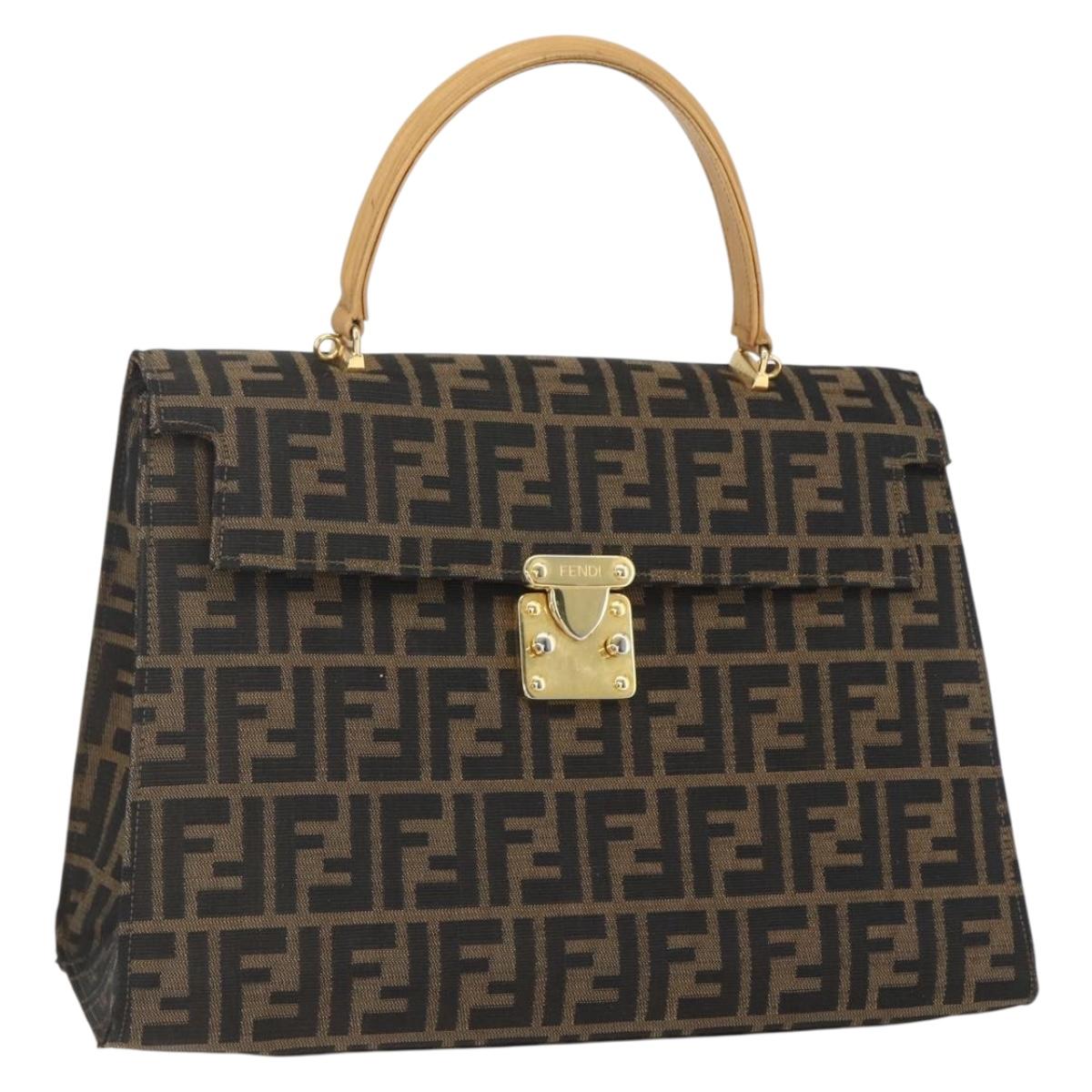 FENDI Zucca Canvas Hand Bag Black Brown gold Auth 165065