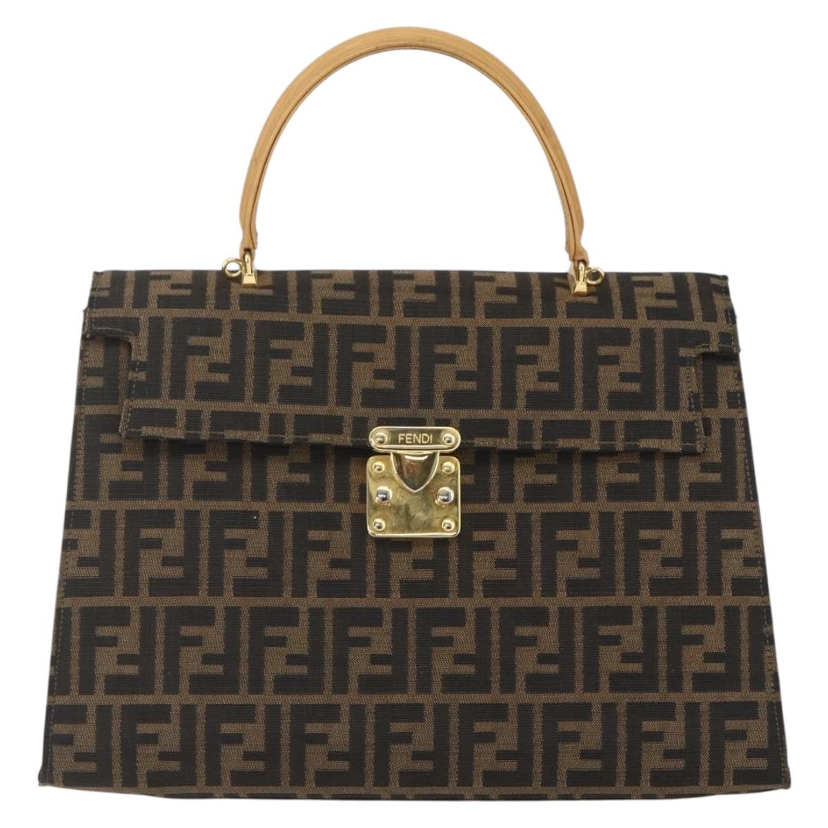 FENDI Zucca Canvas Hand Bag Black Brown gold Auth 165065