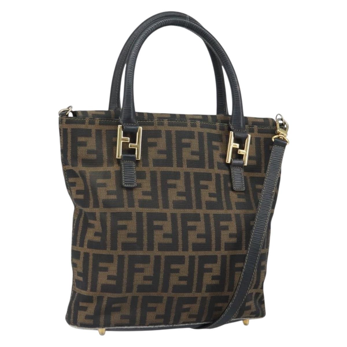 FENDI Zucca Canvas Hand Bag 2way Black Brown gold Auth 165068