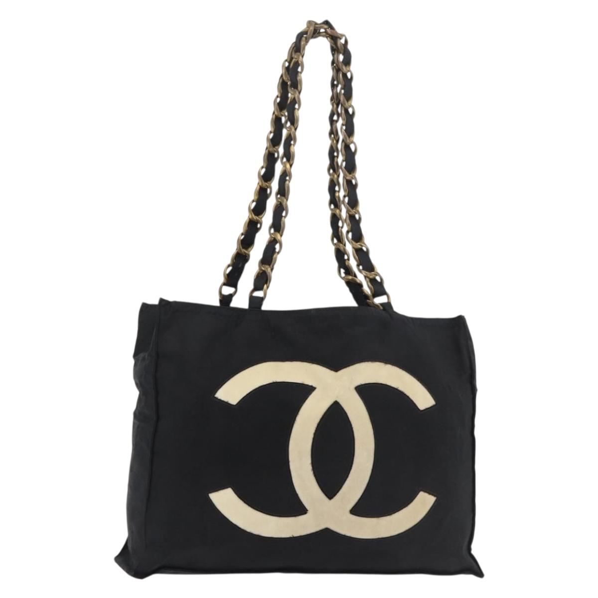 CHANEL COCO Mark Chain Tote Bag Nylon Black Gold CC Auth 165069